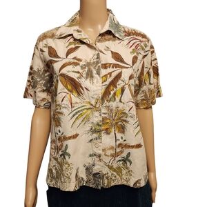 Vintage Safari Zebra Short Sleeve Button Down Linen Shirt S